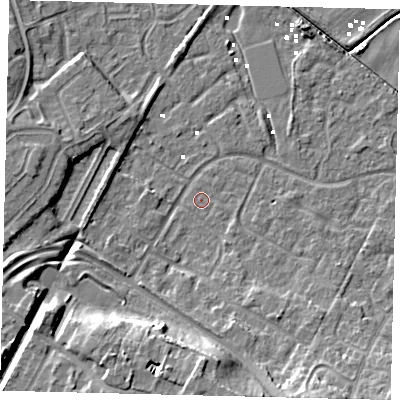 Shaded relief map of the ground around HU89XJ, computed from Environment Agency LiDAR. The ground here sits at about 0 m above sea level and falls 12 m across the surrounding 800 m. The ground contributing surface water to this point lies to the south-east.