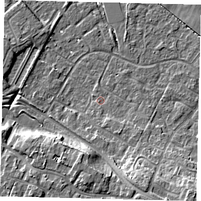 Shaded relief map of the ground around HU89XY, computed from Environment Agency LiDAR. The ground here sits at about 1 m above sea level and falls 12 m across the surrounding 800 m. Surface water reaching this point runs off ground lying to the south-south-east, 2.1 m higher.
