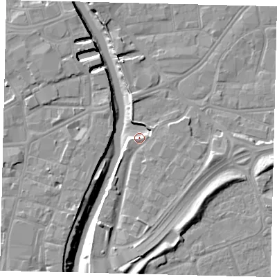 Shaded relief map of the ground around HU91AF, computed from Environment Agency LiDAR. The ground here sits at about 4 m above sea level and falls 11 m across the surrounding 800 m. Surface water reaching this point runs off ground lying to the east-south-east, 1.1 m higher.