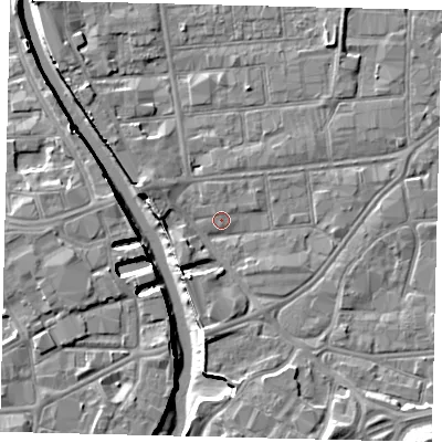 Shaded relief map of the ground around HU91AL, computed from Environment Agency LiDAR. The ground here sits at about 3 m above sea level and falls 11 m across the surrounding 800 m. Surface water reaching this point runs off ground lying to the west, 3.7 m higher.