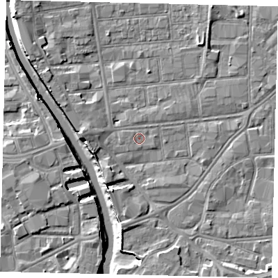 Shaded relief map of the ground around HU91AT, computed from Environment Agency LiDAR. The ground here sits at about 3 m above sea level and falls 8 m across the surrounding 800 m. Surface water reaching this point runs off ground lying to the west, 0.7 m higher.
