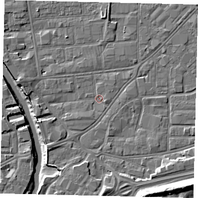 Shaded relief map of the ground around HU91AW, computed from Environment Agency LiDAR. The ground here sits at about 2 m above sea level and falls 12 m across the surrounding 800 m. Surface water reaching this point runs off ground lying to the west, 3.7 m higher.