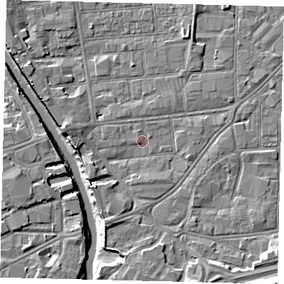 Shaded relief map of the ground around HU91BA, computed from Environment Agency LiDAR. The ground here sits at about 3 m above sea level and falls 11 m across the surrounding 800 m. Surface water reaching this point runs off ground lying to the west, 3.7 m higher.