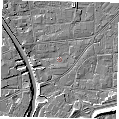 Shaded relief map of the ground around HU91BD, computed from Environment Agency LiDAR. The ground here sits at about 3 m above sea level and falls 12 m across the surrounding 800 m. Surface water reaching this point runs off ground lying to the west, 3.7 m higher.
