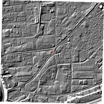 Shaded relief map of the ground around HU91BE, computed from Environment Agency LiDAR. The ground here sits at about 2 m above sea level and falls 12 m across the surrounding 800 m. Surface water reaching this point runs off ground lying to the south-west, 3.8 m higher.