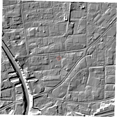 Shaded relief map of the ground around HU91BH, computed from Environment Agency LiDAR. The ground here sits at about 2 m above sea level and falls 8 m across the surrounding 800 m. Surface water reaching this point runs off ground lying to the west, 3.7 m higher.