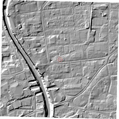 Shaded relief map of the ground around HU91BY, computed from Environment Agency LiDAR. The ground here sits at about 3 m above sea level and falls 8 m across the surrounding 800 m. Surface water reaching this point runs off ground lying to the west-south-west, 0.6 m higher.