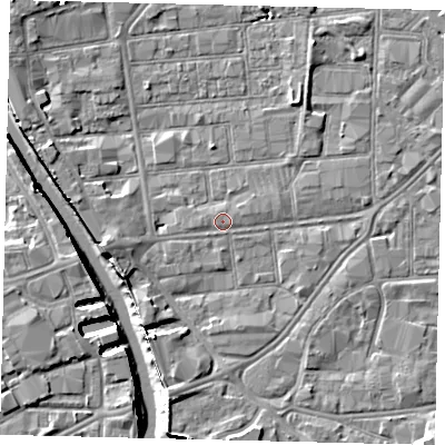Shaded relief map of the ground around HU91DB, computed from Environment Agency LiDAR. The ground here sits at about 3 m above sea level and falls 8 m across the surrounding 800 m. Surface water reaching this point runs off ground lying to the west-south-west, 3.2 m higher.