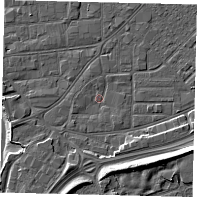 Shaded relief map of the ground around HU91DS, computed from Environment Agency LiDAR. The ground here sits at about 3 m above sea level and falls 14 m across the surrounding 800 m. Surface water reaching this point runs off ground lying to the south-west, 1.6 m higher.