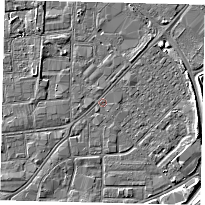 Shaded relief map of the ground around HU91ED, computed from Environment Agency LiDAR. The ground here sits at about 3 m above sea level and falls 6 m across the surrounding 800 m. Surface water reaching this point runs off ground lying to the east-south-east, 3.7 m higher.