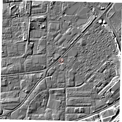 Shaded relief map of the ground around HU91EF, computed from Environment Agency LiDAR. The ground here sits at about 2 m above sea level and falls 5 m across the surrounding 800 m. Surface water reaching this point runs off ground lying to the east, 3.2 m higher.