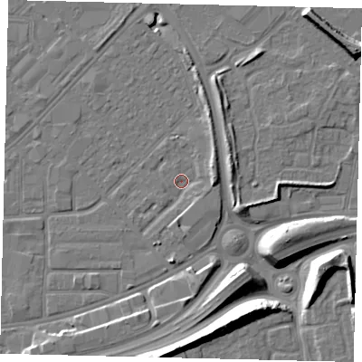 Shaded relief map of the ground around HU91EJ, computed from Environment Agency LiDAR. The ground here sits at about 2 m above sea level and falls 12 m across the surrounding 800 m. Surface water reaching this point runs off ground lying to the east, 3.7 m higher.