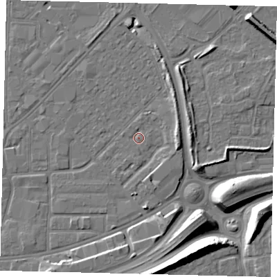 Shaded relief map of the ground around HU91EL, computed from Environment Agency LiDAR. The ground here sits at about 3 m above sea level and falls 12 m across the surrounding 800 m. Surface water reaching this point runs off ground lying to the east, 3.7 m higher.