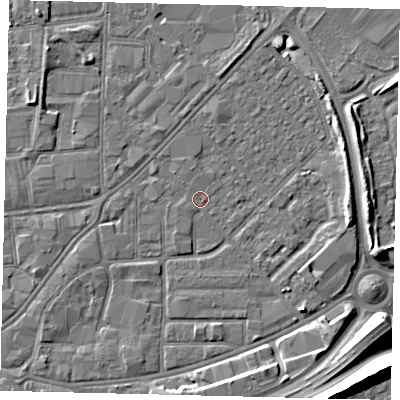 Shaded relief map of the ground around HU91EP, computed from Environment Agency LiDAR. The ground here sits at about 2 m above sea level and falls 12 m across the surrounding 800 m. Surface water reaching this point runs off ground lying to the east, 3.7 m higher.