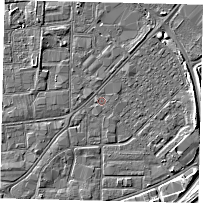 Shaded relief map of the ground around HU91ER, computed from Environment Agency LiDAR. The ground here sits at about 2 m above sea level and falls 6 m across the surrounding 800 m. Surface water reaching this point runs off ground lying to the east-south-east, 3.7 m higher.
