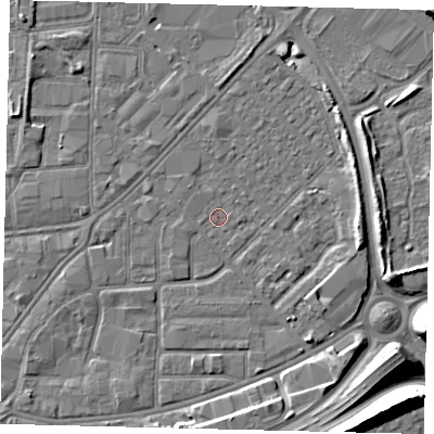 Shaded relief map of the ground around HU91ES, computed from Environment Agency LiDAR. The ground here sits at about 2 m above sea level and falls 12 m across the surrounding 800 m. Surface water reaching this point runs off ground lying to the east, 3.7 m higher.