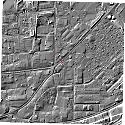 Shaded relief map of the ground around HU91EU, computed from Environment Agency LiDAR. The ground here sits at about 2 m above sea level and falls 5 m across the surrounding 800 m. Surface water reaching this point runs off ground lying to the south-west, 1.6 m higher.