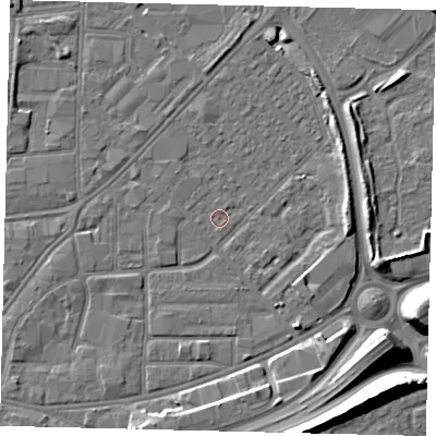 Shaded relief map of the ground around HU91EX, computed from Environment Agency LiDAR. The ground here sits at about 2 m above sea level and falls 12 m across the surrounding 800 m. Surface water reaching this point runs off ground lying to the north-east, 0.7 m higher.