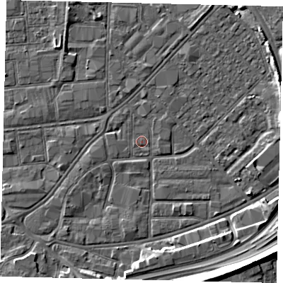 Shaded relief map of the ground around HU91EZ, computed from Environment Agency LiDAR. The ground here sits at about 3 m above sea level and falls 11 m across the surrounding 800 m. The ground contributing surface water to this point lies to the west-south-west.
