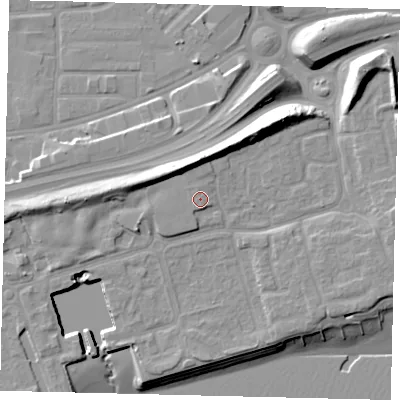 Shaded relief map of the ground around HU91FB, computed from Environment Agency LiDAR. The ground here sits at about 7 m above sea level and falls 15 m across the surrounding 800 m. Surface water reaching this point runs off ground lying to the west, 0.9 m higher.