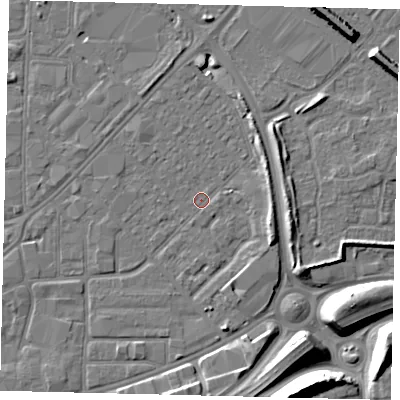 Shaded relief map of the ground around HU91HB, computed from Environment Agency LiDAR. The ground here sits at about 2 m above sea level and falls 12 m across the surrounding 800 m. Surface water reaching this point runs off ground lying to the east-south-east, 3.7 m higher.