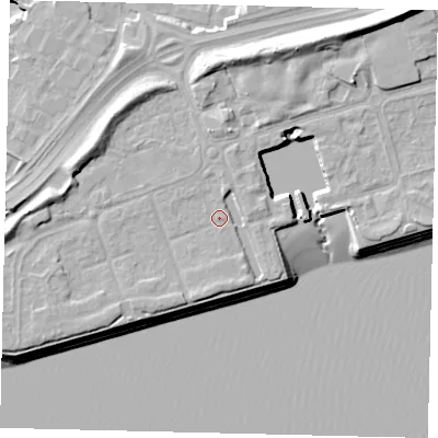 Shaded relief map of the ground around HU91HD, computed from Environment Agency LiDAR. The ground here sits at about 5 m above sea level and falls 13 m across the surrounding 800 m. Surface water reaching this point runs off ground lying to the west-north-west, 4.4 m higher.