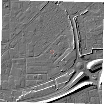Shaded relief map of the ground around HU91HF, computed from Environment Agency LiDAR. The ground here sits at about 3 m above sea level and falls 12 m across the surrounding 800 m. Surface water reaching this point runs off ground lying to the east-south-east, 0.7 m higher.