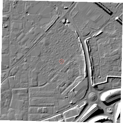 Shaded relief map of the ground around HU91HR, computed from Environment Agency LiDAR. The ground here sits at about 2 m above sea level and falls 12 m across the surrounding 800 m. Surface water reaching this point runs off ground lying to the south-west, 0.6 m higher.