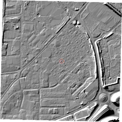 Shaded relief map of the ground around HU91HS, computed from Environment Agency LiDAR. The ground here sits at about 2 m above sea level and falls 12 m across the surrounding 800 m. Surface water reaching this point runs off ground lying to the east-south-east, 3.7 m higher.