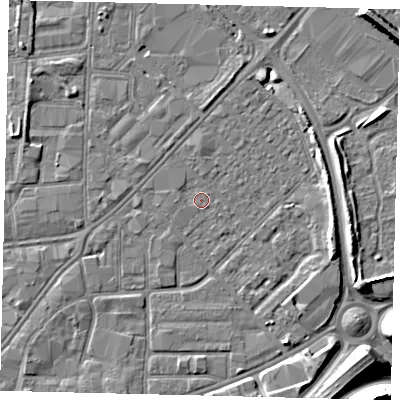 Shaded relief map of the ground around HU91HU, computed from Environment Agency LiDAR. The ground here sits at about 2 m above sea level and falls 12 m across the surrounding 800 m. Surface water reaching this point runs off ground lying to the west-south-west, 0.5 m higher.
