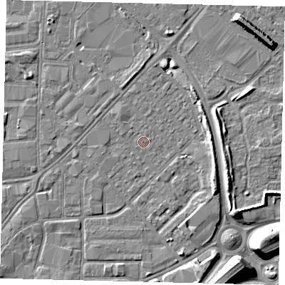 Shaded relief map of the ground around HU91HW, computed from Environment Agency LiDAR. The ground here sits at about 2 m above sea level and falls 9 m across the surrounding 800 m. Surface water reaching this point runs off ground lying to the east-south-east, 3.7 m higher.