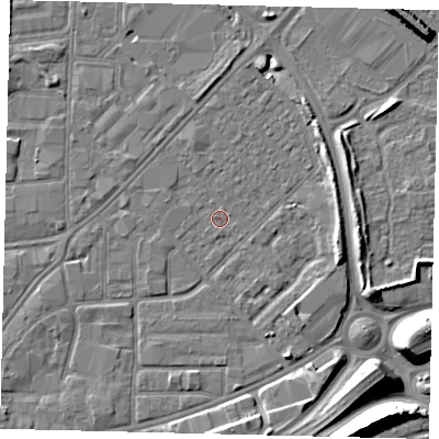 Shaded relief map of the ground around HU91HY, computed from Environment Agency LiDAR. The ground here sits at about 2 m above sea level and falls 12 m across the surrounding 800 m. Surface water reaching this point runs off ground lying to the east-south-east, 3.7 m higher.