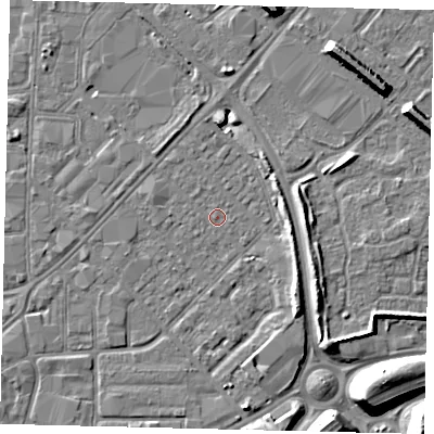 Shaded relief map of the ground around HU91JA, computed from Environment Agency LiDAR. The ground here sits at about 2 m above sea level and falls 11 m across the surrounding 800 m. Surface water reaching this point runs off ground lying to the south-east, 3.7 m higher.