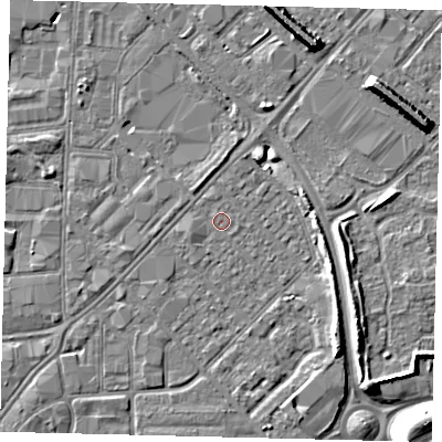 Shaded relief map of the ground around HU91JB, computed from Environment Agency LiDAR. The ground here sits at about 2 m above sea level and falls 10 m across the surrounding 800 m. Surface water reaching this point runs off ground lying to the north-north-west, 0.5 m higher.
