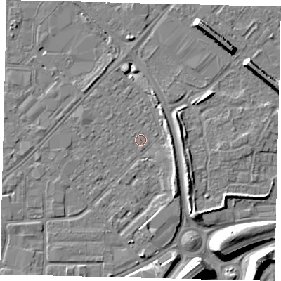 Shaded relief map of the ground around HU91JD, computed from Environment Agency LiDAR. The ground here sits at about 2 m above sea level and falls 11 m across the surrounding 800 m. Surface water reaching this point runs off ground lying to the south-east, 3.7 m higher.