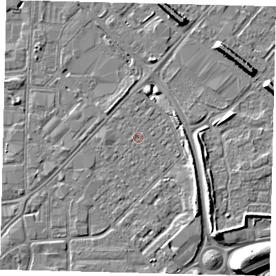 Shaded relief map of the ground around HU91JG, computed from Environment Agency LiDAR. The ground here sits at about 2 m above sea level and falls 10 m across the surrounding 800 m. Surface water reaching this point runs off ground lying to the north, 1.5 m higher.