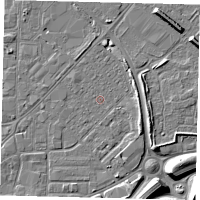 Shaded relief map of the ground around HU91JJ, computed from Environment Agency LiDAR. The ground here sits at about 2 m above sea level and falls 9 m across the surrounding 800 m. Surface water reaching this point runs off ground lying to the south-east, 3.7 m higher.
