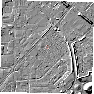 Shaded relief map of the ground around HU91JQ, computed from Environment Agency LiDAR. The ground here sits at about 2 m above sea level and falls 10 m across the surrounding 800 m. Surface water reaching this point runs off ground lying to the west, 0.8 m higher.