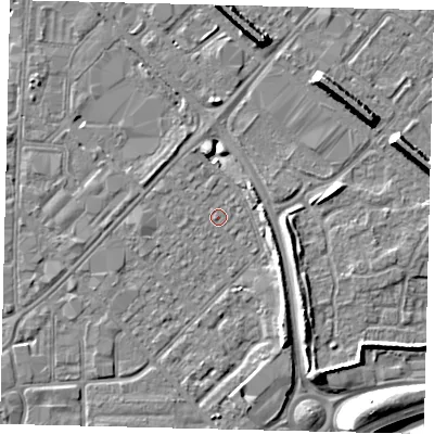 Shaded relief map of the ground around HU91JR, computed from Environment Agency LiDAR. The ground here sits at about 2 m above sea level and falls 9 m across the surrounding 800 m. Surface water reaching this point runs off ground lying to the north, 1.3 m higher.