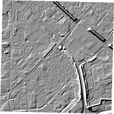 Shaded relief map of the ground around HU91JS, computed from Environment Agency LiDAR. The ground here sits at about 2 m above sea level and falls 8 m across the surrounding 800 m. Surface water reaching this point runs off ground lying to the west, 1.2 m higher.