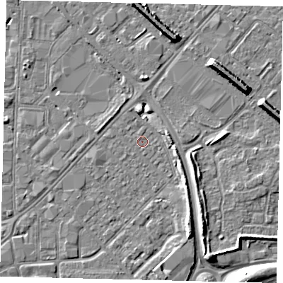Shaded relief map of the ground around HU91JT, computed from Environment Agency LiDAR. The ground here sits at about 2 m above sea level and falls 10 m across the surrounding 800 m. Surface water reaching this point runs off ground lying to the north-north-west, 0.5 m higher.