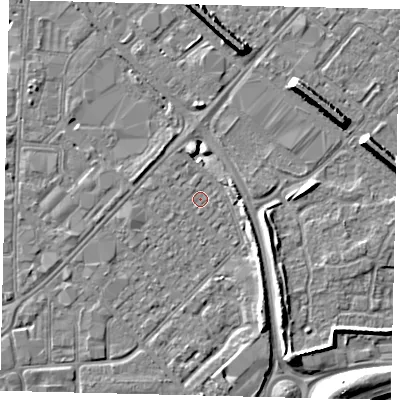 Shaded relief map of the ground around HU91JU, computed from Environment Agency LiDAR. The ground here sits at about 2 m above sea level and falls 9 m across the surrounding 800 m. Surface water reaching this point runs off ground lying to the north-north-west, 0.5 m higher.