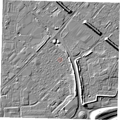 Shaded relief map of the ground around HU91JX, computed from Environment Agency LiDAR. The ground here sits at about 2 m above sea level and falls 9 m across the surrounding 800 m. Surface water reaching this point runs off ground lying to the west-north-west, 0.5 m higher.