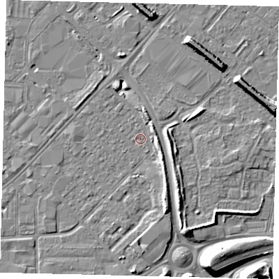 Shaded relief map of the ground around HU91JY, computed from Environment Agency LiDAR. The ground here sits at about 2 m above sea level and falls 11 m across the surrounding 800 m. Surface water reaching this point runs off ground lying to the west-south-west, 0.9 m higher.