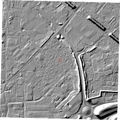 Shaded relief map of the ground around HU91JZ, computed from Environment Agency LiDAR. The ground here sits at about 2 m above sea level and falls 12 m across the surrounding 800 m. The ground contributing surface water to this point lies to the south-south-east.