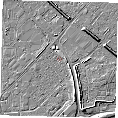 Shaded relief map of the ground around HU91LA, computed from Environment Agency LiDAR. The ground here sits at about 2 m above sea level and falls 8 m across the surrounding 800 m. Surface water reaching this point runs off ground lying to the east, 3.4 m higher.