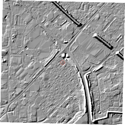 Shaded relief map of the ground around HU91LE, computed from Environment Agency LiDAR. The ground here sits at about 2 m above sea level and falls 8 m across the surrounding 800 m. Surface water reaching this point runs off ground lying to the north-west, 1.9 m higher.