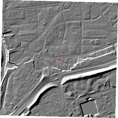 Shaded relief map of the ground around HU91LN, computed from Environment Agency LiDAR. The ground here sits at about 3 m above sea level and falls 14 m across the surrounding 800 m. Surface water reaching this point runs off ground lying to the east, 8.3 m higher.
