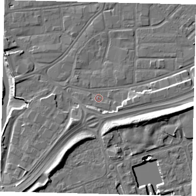 Shaded relief map of the ground around HU91LP, computed from Environment Agency LiDAR. The ground here sits at about 3 m above sea level and falls 14 m across the surrounding 800 m. Surface water reaching this point runs off ground lying to the east-south-east, 2.9 m higher.