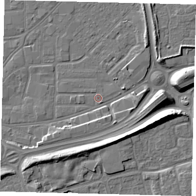 Shaded relief map of the ground around HU91ND, computed from Environment Agency LiDAR. The ground here sits at about 3 m above sea level and falls 12 m across the surrounding 800 m. Surface water reaching this point runs off ground lying to the south-west, 3.0 m higher.